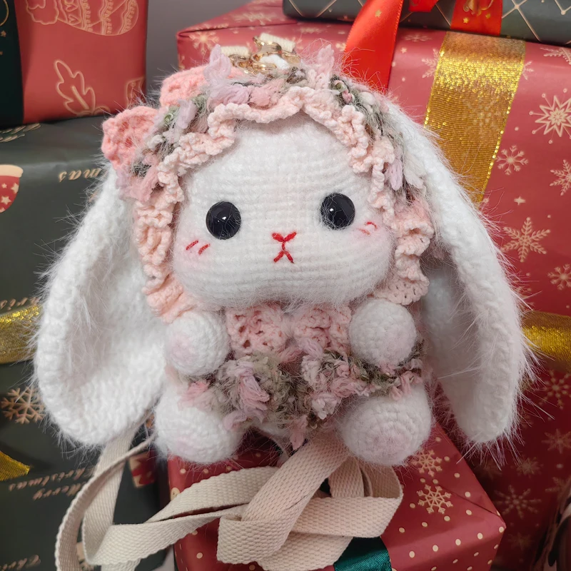 

Cute Rabbit Wool Hook Weaving Bag Lolita Element Shoulder Bag Long Ear Rabbit Wallet Backpack Storage Bag Handmade Hook Weaving