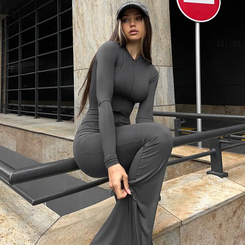 Solid Black Sexy Bodycon Wide Leg Jumpsuit Women Autumn Casual Slim Long Sleeve V-Neck Playsuit Lady Streetwear