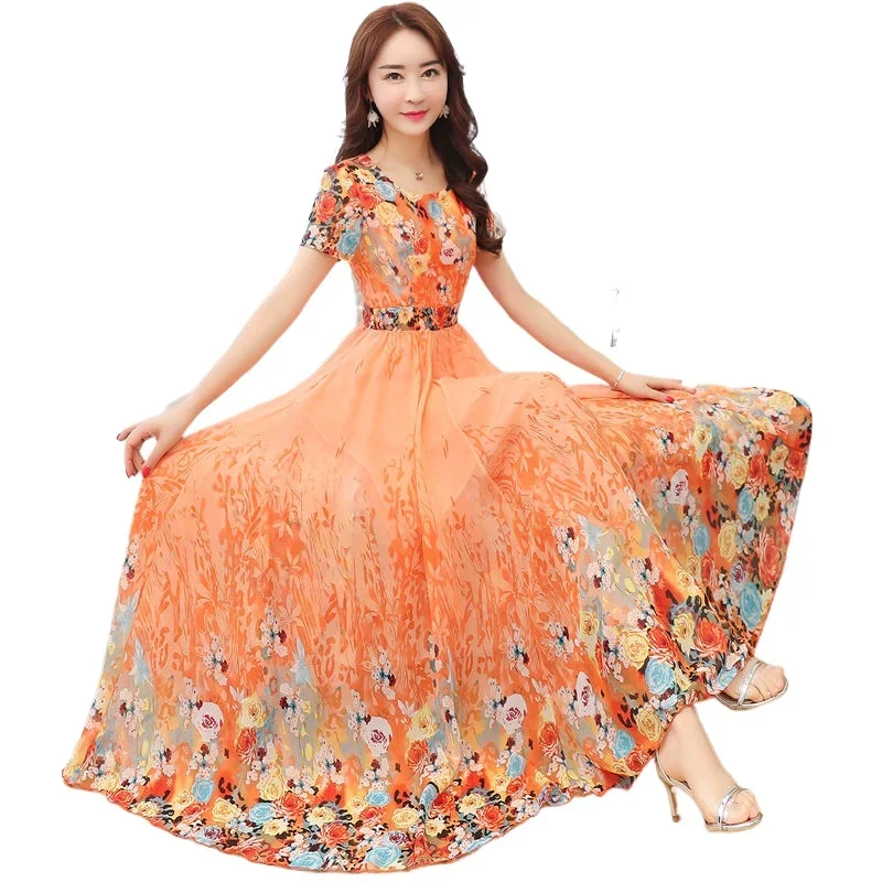 Sexy Women 2024 Summer Boho Maxi Club Dress Flower Printed Chiffon Long Party Robe Longue Femme Vestidos Y2k W202