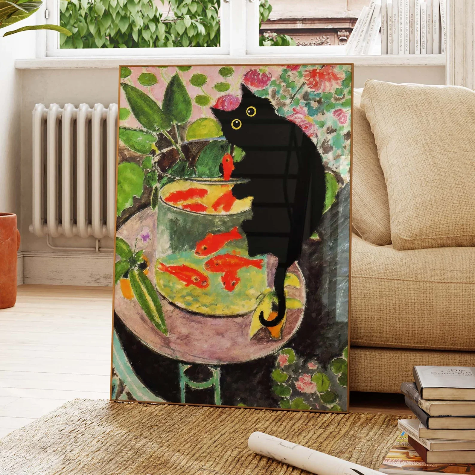 Póster de pez dorado Matisse con gato, estampado de gato negro, arte de gato negro, estampado floral, estampado de gato divertido, idea de regalo divertida, decoración del hogar