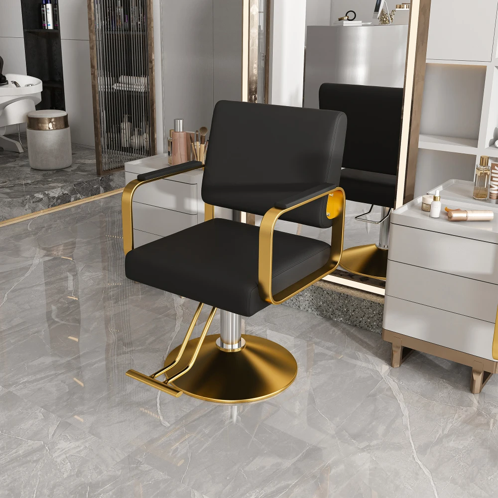 Sedia da Barbiere Professionale Idraulica, 360 ° Base in metallo dorato stabile con funzione girevole, cuscino in schiuma ad alta densità e rivestimento in ecopelle impermeabile, ideale per