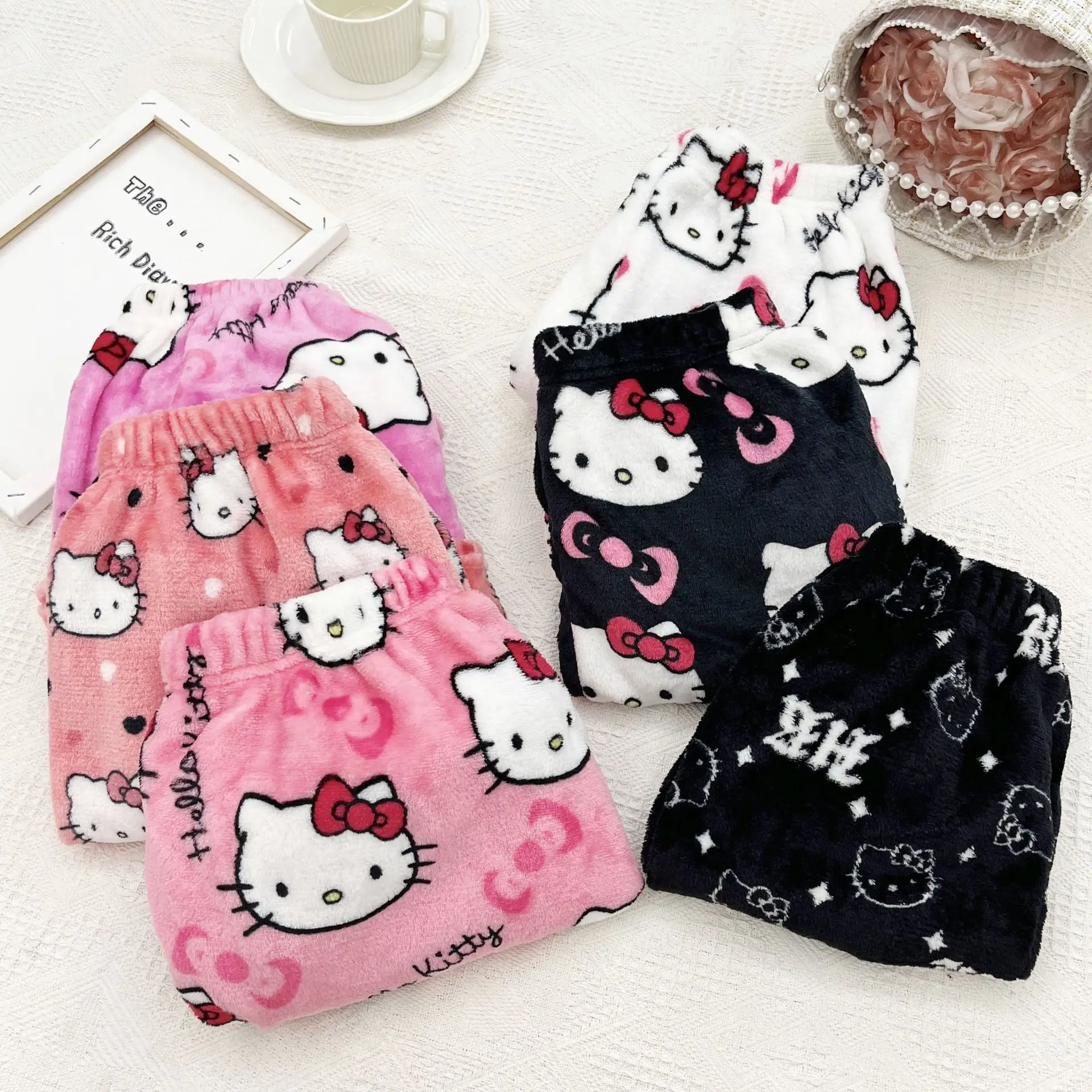 Sanrio Hello Kitty Anime Kawaii Flannel Pajamas for Women Warm Wool Cartoon Casual Home Pants Autumn and Winter Fashion Shorts