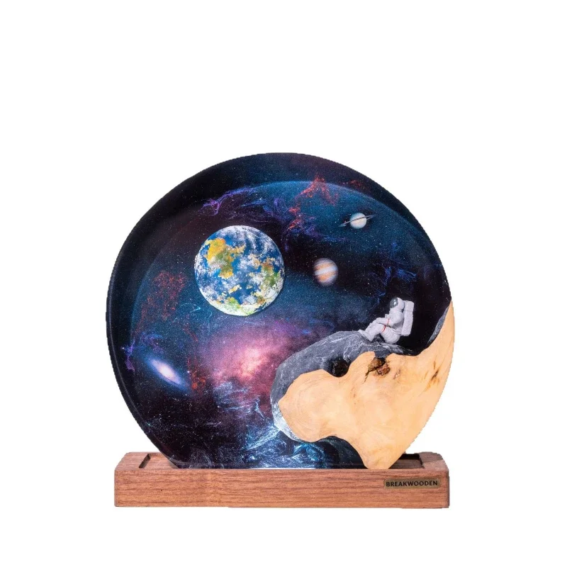 

Astronaut interstellar resin wood night light, space galaxy epoxy light design spacecraft theme art light