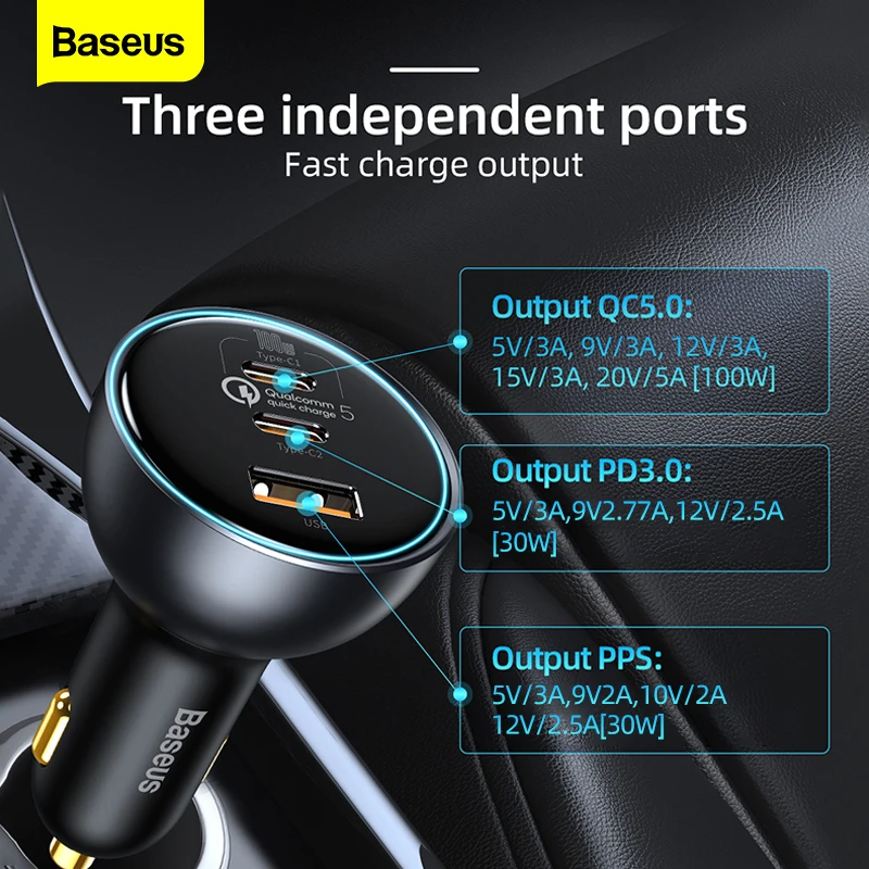 Baseus 160W Car Charger Fast Charging QC 5.0 4.0 3.0 PD USB Type C Car Charger For MacBook Pro Laptop iPad iPhone 14 Xiaomi Poco