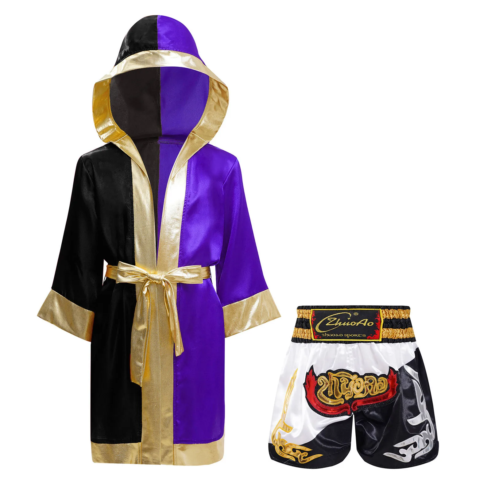 

Two Pieces Boys Boxing Competition Training Outfits Long Sleeve Hooded Boxer Robe with Metallic Belt And Shorts Set