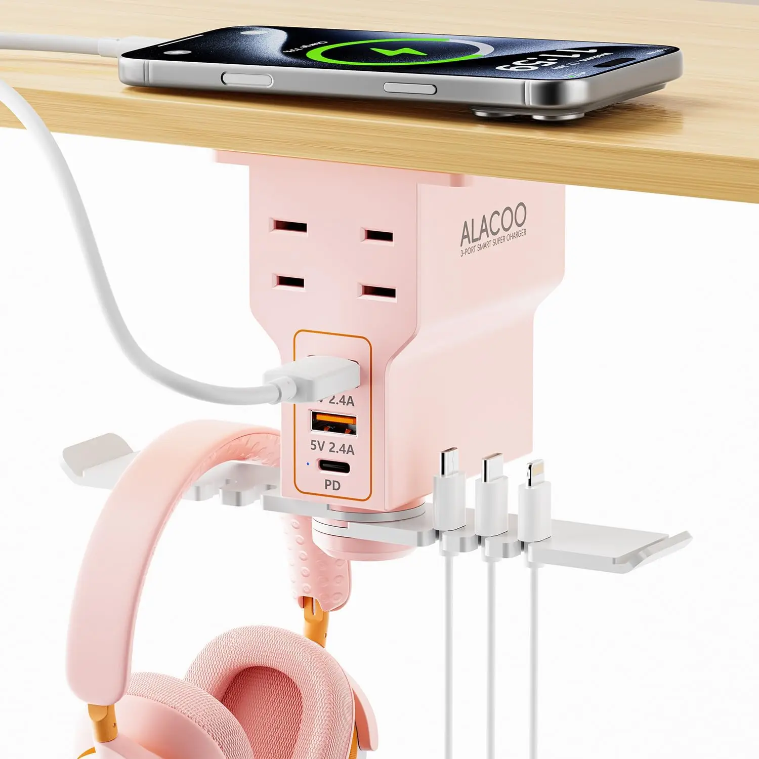 

Подстольная подставка для наушников с зарядной станцией - 3 USB-порта, розетки переменного тока, органайзер для кабелей для игр и офиса