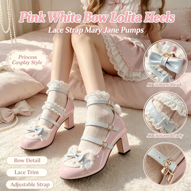 Lolita Mary Jane Low Heel Shoes Women White Patent Cute Bow Rabbit Decor Round Toe Pumps For JK Cosplay Princess Daily Gift New