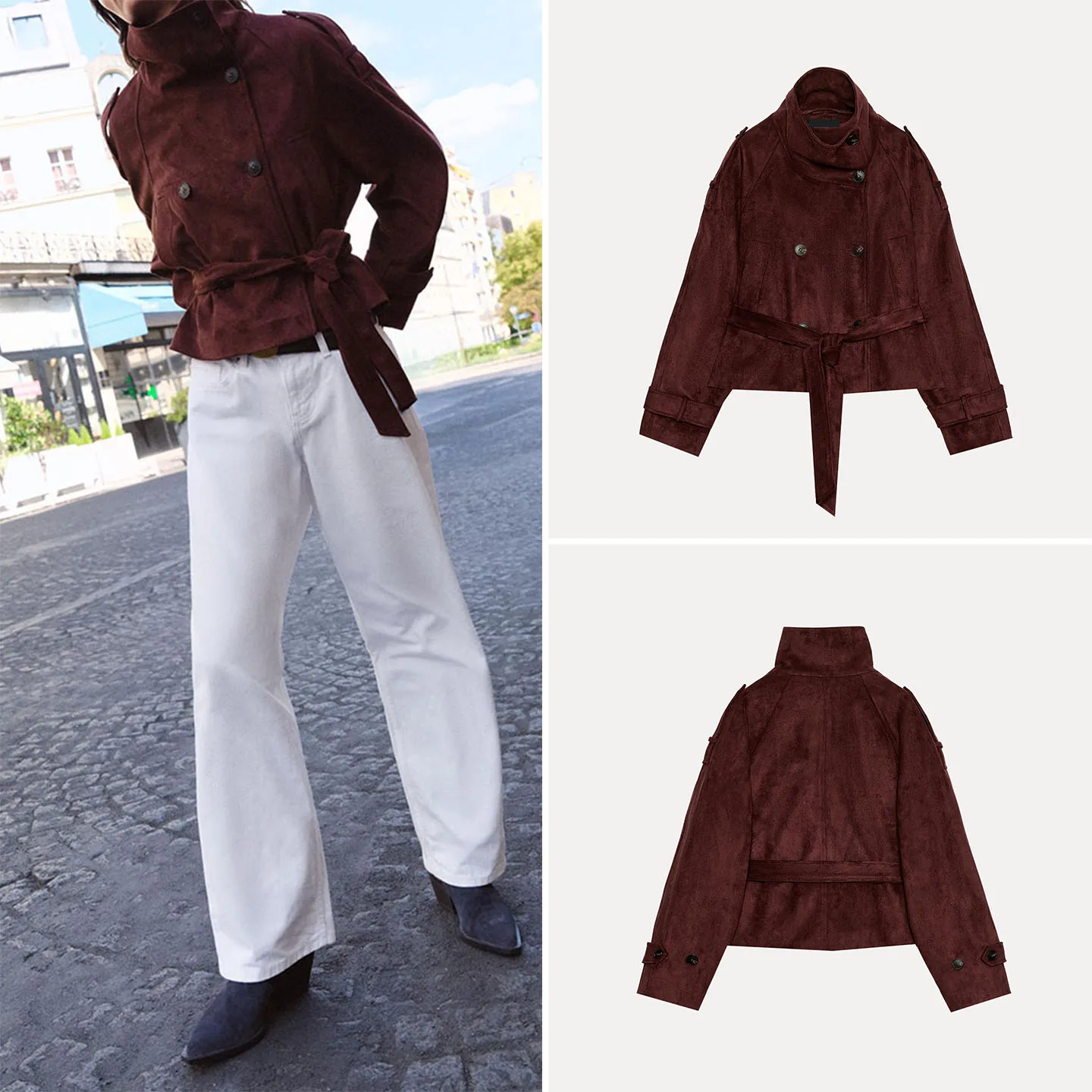ZADATA Women's Long Sleeve Stand Collar Belted Jacket Casual Loose Fit Outerwear Elegant Autumn Fashion Chinese Brand