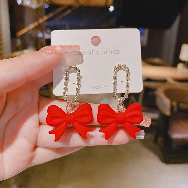Jea. Angel Red Black Bowknot Eardrop Silver Color Women Trendy Earrings Korean New Style Fashion Jewelry Daily Accessories
