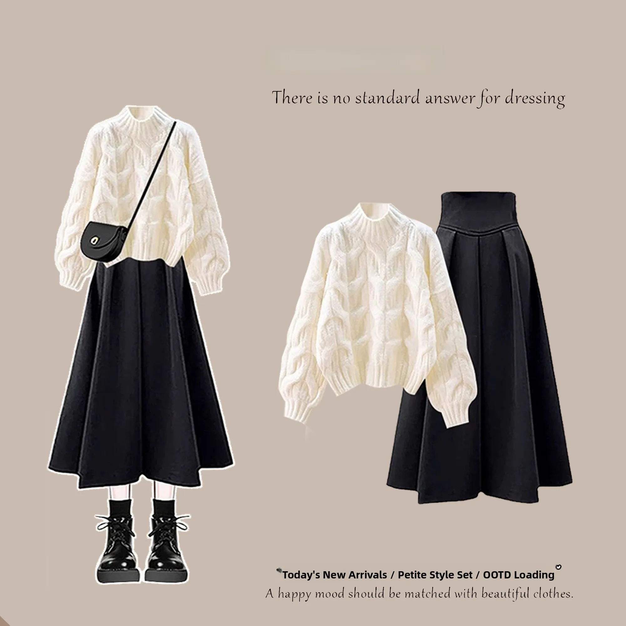 

Мягкий вязаный свитер с эффектом скручивания и черная юбка с высокой талией: комплект из двух предметов для женщин, зимний, антивозрастной, скрывающий недостатки фигуры