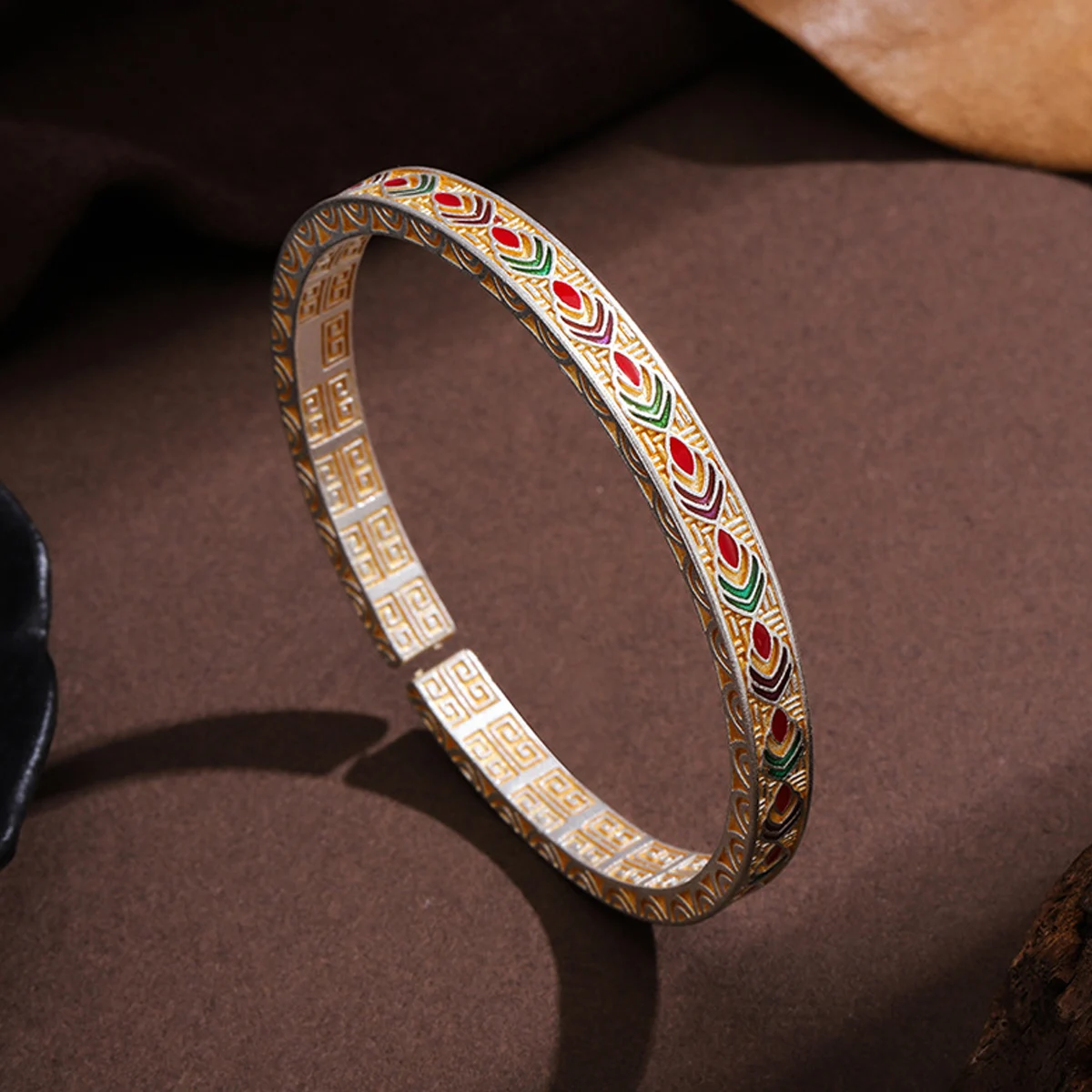New Silver-plated Solid Retro Light Luxury Ancient Enamel Lotus Auspicious Cloud Sunflower Open Bracelet Ruyi National Tide Gift