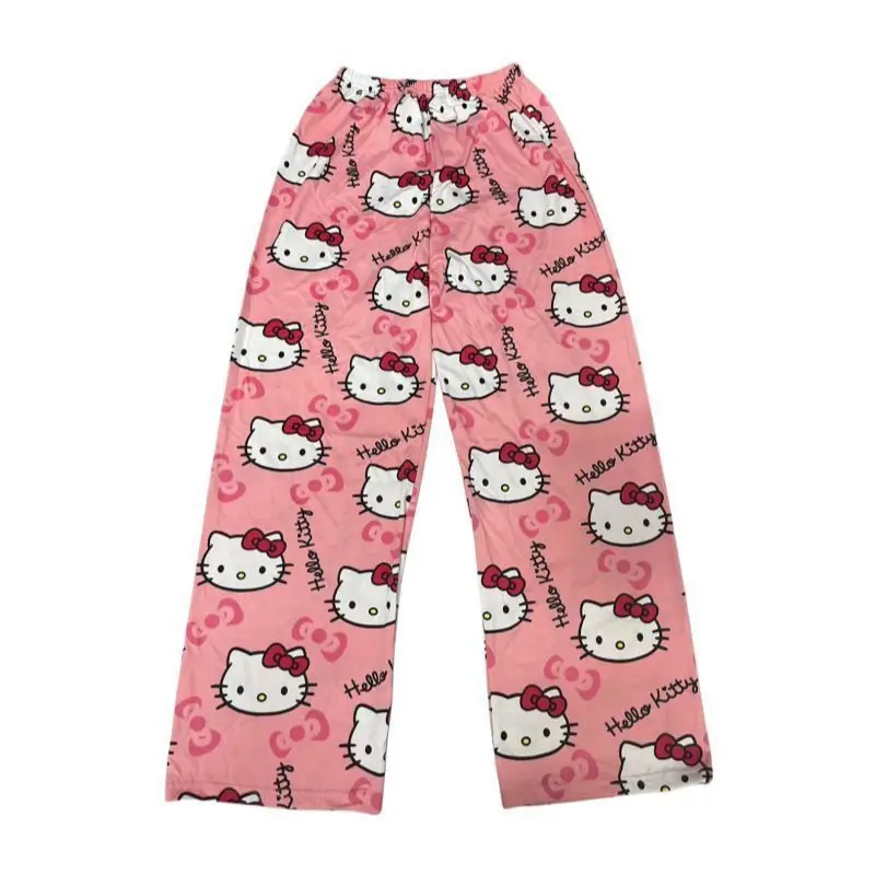 

New Sanrio Hello Kitty Flannel Pajamas Black Women's Warm Wool Cartoon Casual Home Pants Autumn and Winter Fashion Pants Gift