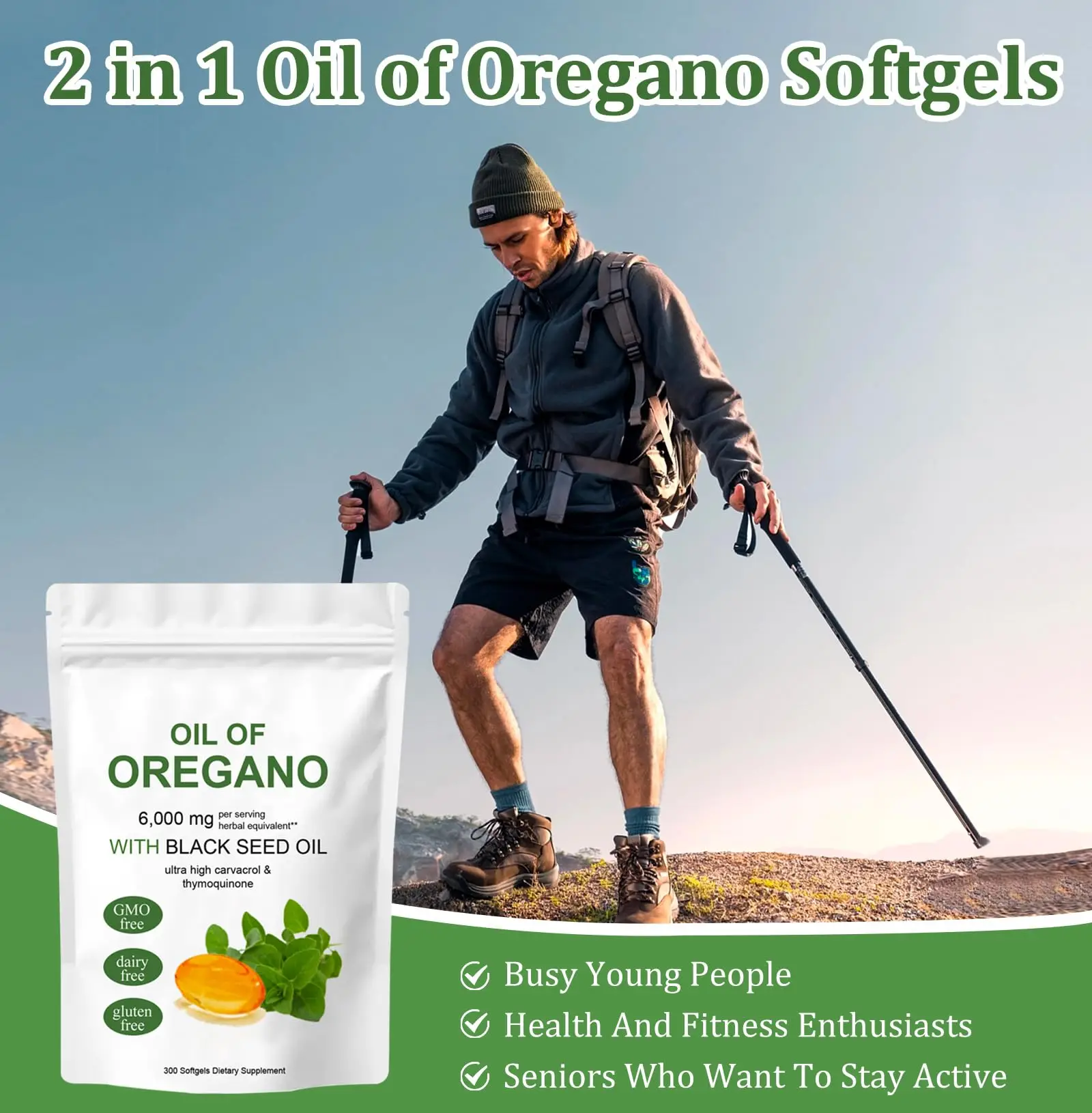 Oil of Oregano Softgels 2 in 1 6000mg Oregano Oil Supplement Capsules with Black Seed Oil 200mg, Non-GMO Gluten Free 300 Capsule