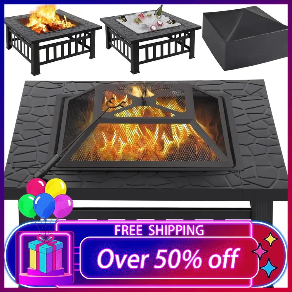 

Multifunctional Fire Pit Table 32in Square Metal Firepit Stove Backyard Patio Garden Fireplace for Camping, Outdoor Heating