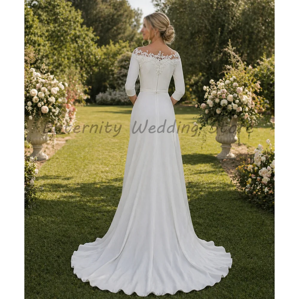 Ivory Crepe Mermaid Wedding Dress Off‑Shoulder Illusion Lace Neck 3/4 Length Sleeves Simple Fit Flare Chapel Train Bridal Gown