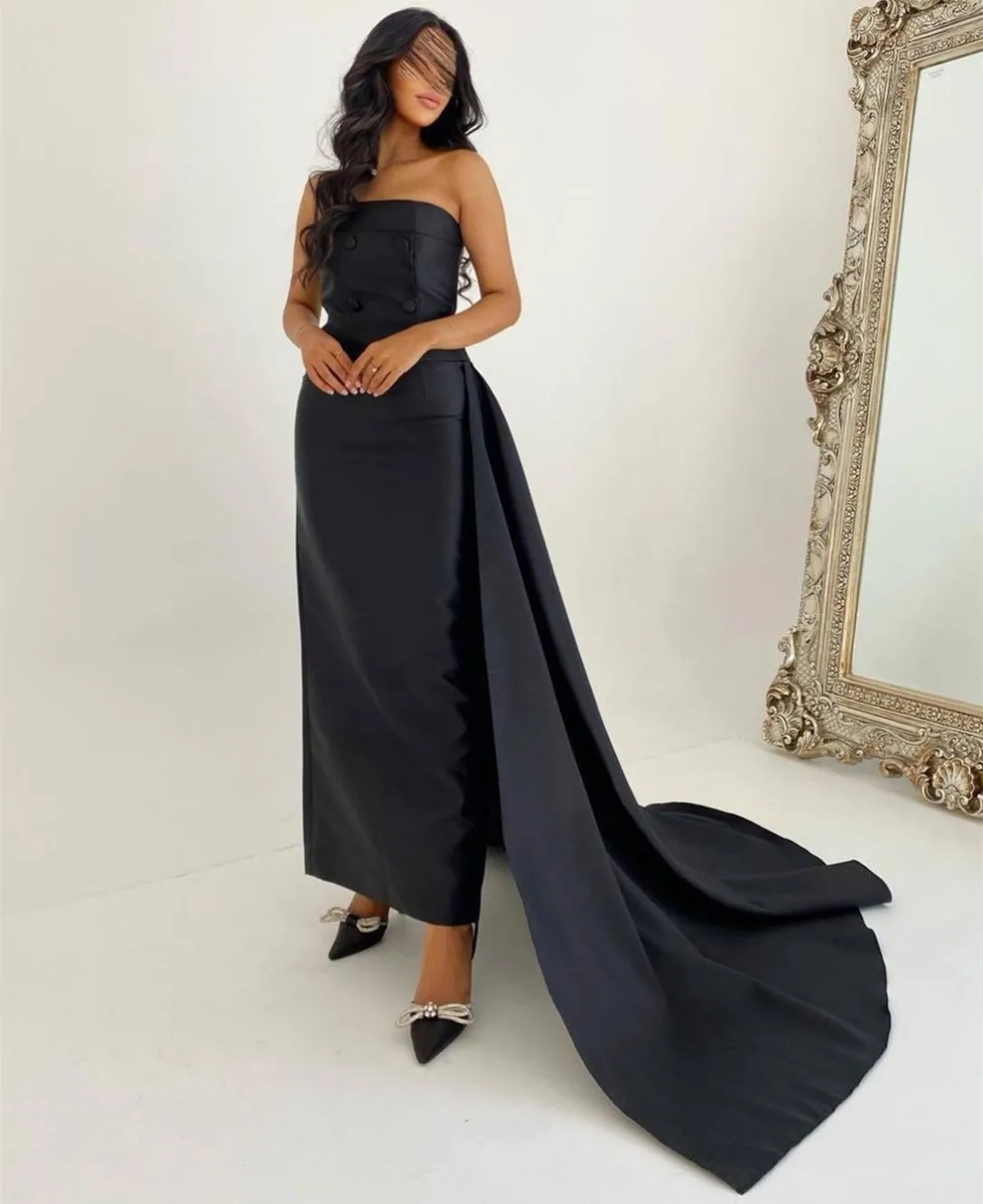 Classy Long Black Taffeta Evening Dresses with Side Train فساتين سهرة Sheath Strapless Ankle Length Prom Dress for Women