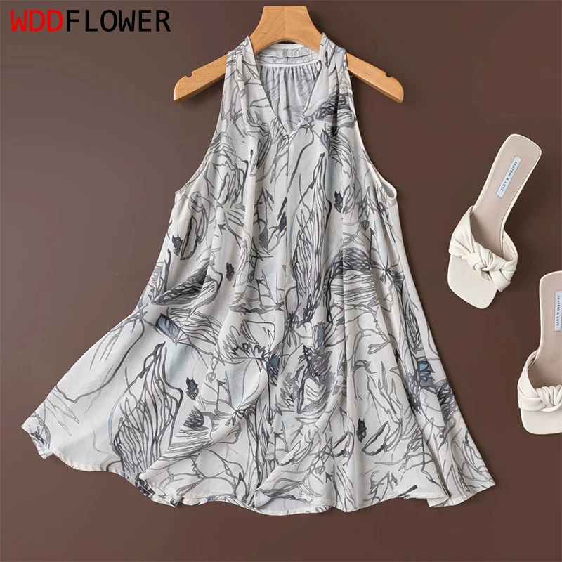 100% Mulberry Silk Sexy Gray Ink Printed V Neck Women Tank Top Sleeveless Shirt Blouse Summer Beach Holiday M1734