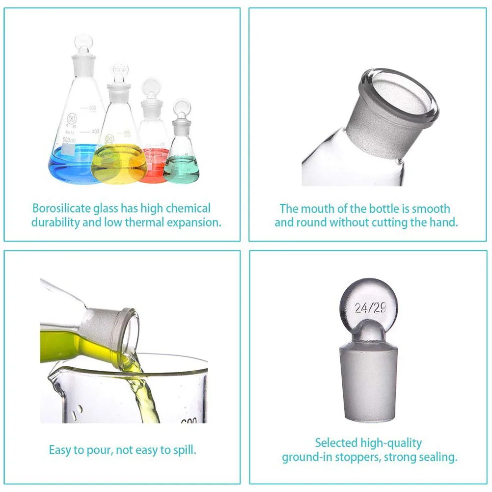 

3Pcs Conical Flasks with Stopper Durable Glass Odorless Clear Scale for School Chemical Experiment Lab Glass Flask