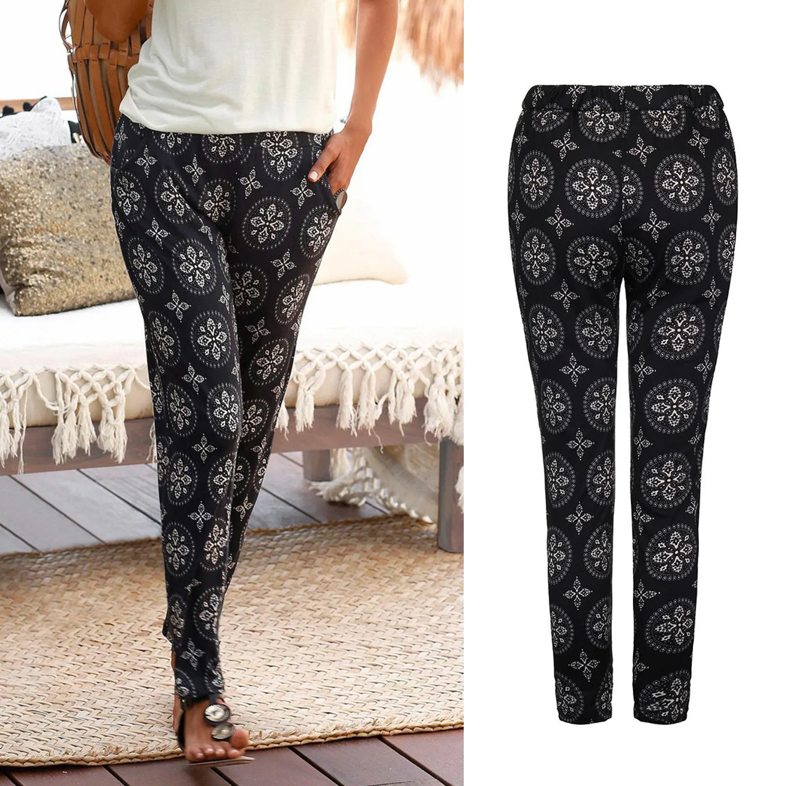 

Women High Waist Printing Pants Super Comfy High Quality Easy Trousers Long Pants Fashion Boho Beach Pockets Pants Fast Shipping