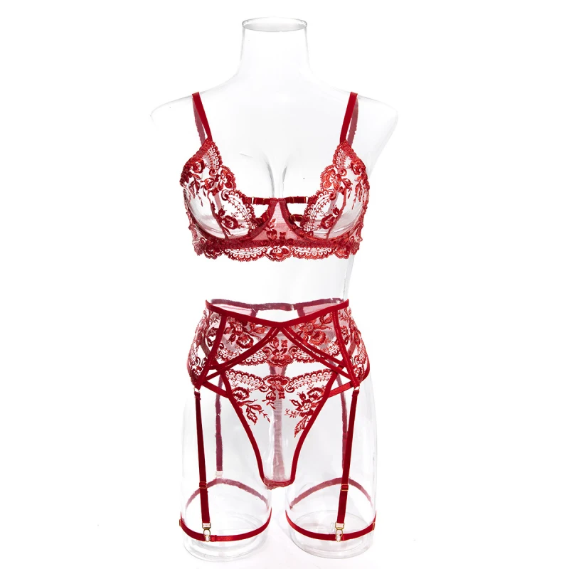 Bikini lingerie sexy see-through seductive embroidered bra garter belt four-piece set
