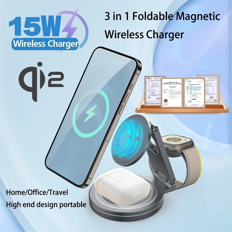 

Портативная магнитная беспроводная подставка для зарядного устройства из цинкового сплава, зарядная станция 3 в 1, для iPhone 17, 16, 15, 14, Apple Watch Airpods