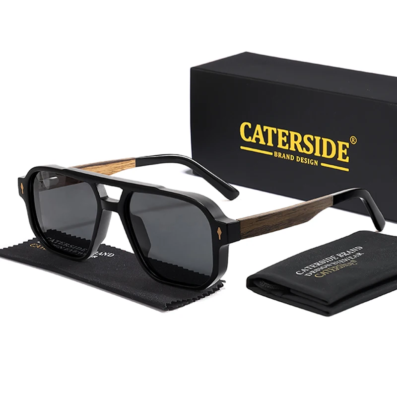 CATERSIDE Fashion Men Polarized Sunglasses Retro Luxury Brand Design Solid Wood Temple Sun Glasses Women Driving Party Glasses