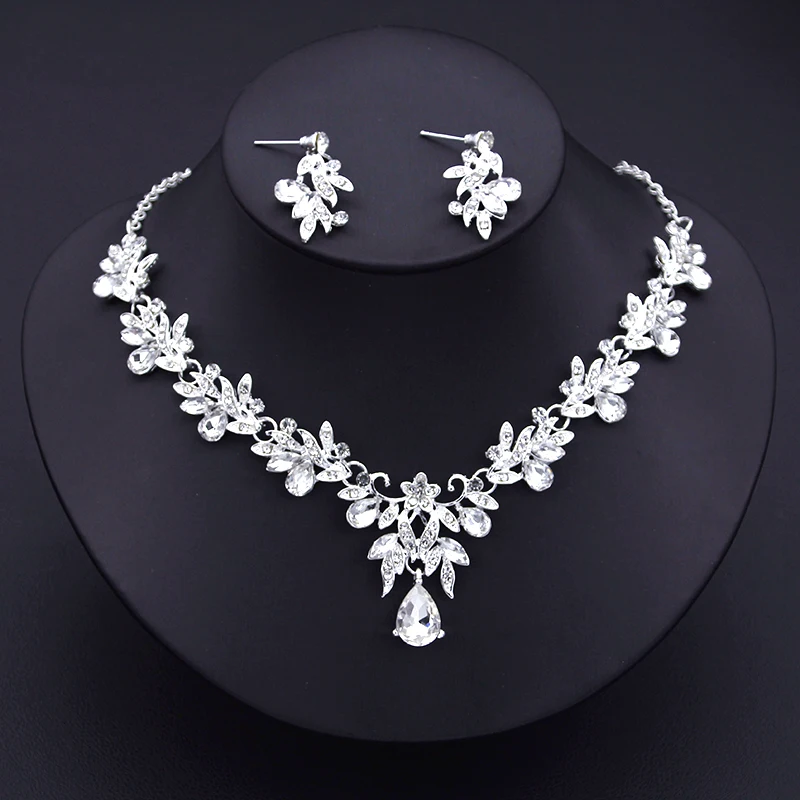 Luxury Bridal Jewelry Sets for Women Flower Necklace Earring Set Rhinestone Wedding Choker Necklaces Earrings Sets