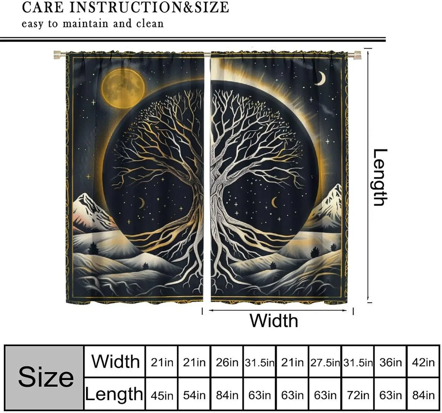 Mystical Tree of Life Curtains Celestial Night Sky Moon Boho Window Panel Gothic Aesthetic Decorative Bedroom Curtain Treatment