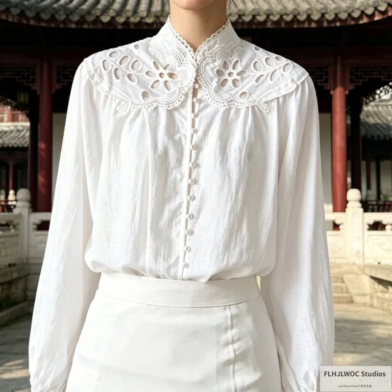 

Hollow Out White Lace Tops Blouses Fashion Woman Elegant Office Lady Stand Collar Retro Vintage Long Sleeve Basics White Shirts