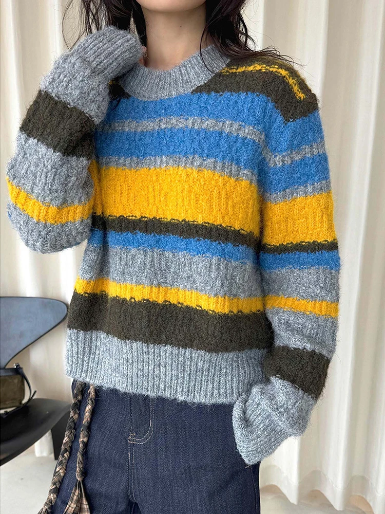 FANAN موضة مخطط التباين اللون الصوف الحياكة سترة للنساء كم طويل سميكة الدافئة البلوز القمم أنثى شتاء جديد