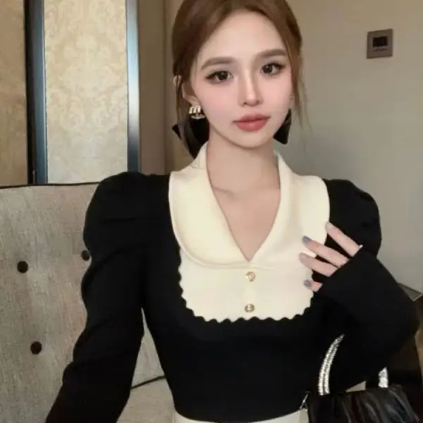 

Doll Collar Sweater Bottoming Shirt Women Autumn Winter New Small Fragrance Style Inner Fit Slimming Sweater Puff Sleeve Top