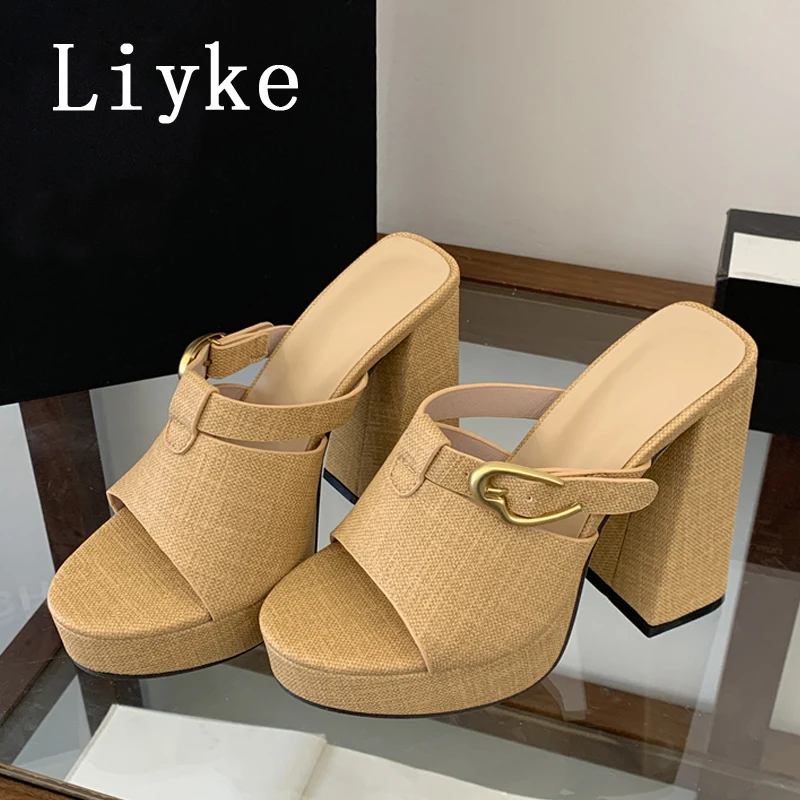 Liyke Summer Chunky High Heels Platform Slippers Women Mules Slides Fashion Open Toe Metal Buckle Summer Party Shoes Sandals