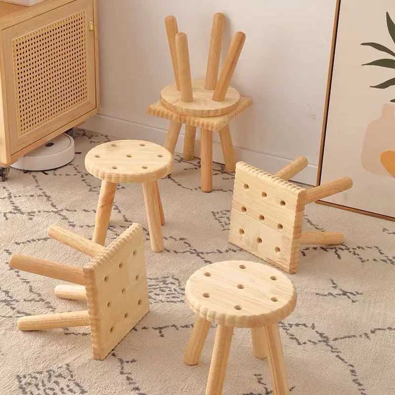 Modern Minimalism Natural Rubber Wood Stools Cute Biscuit Solid Wooden Stool Children Sitting Block Living Room Stool Furniture