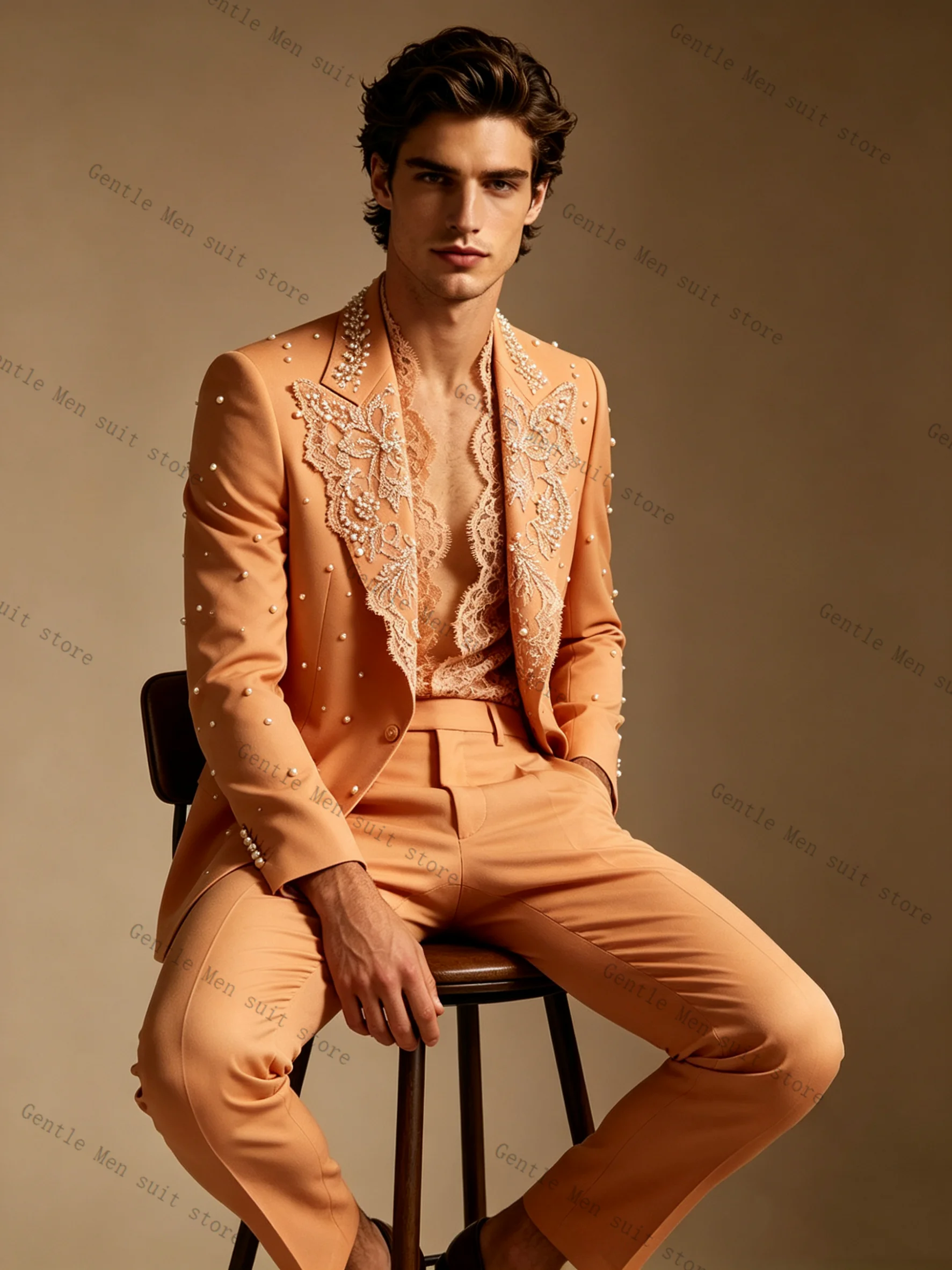 

Fashion Beaded Cotton Men Suit Set 2 Pcs Blazer+Pants Trousers Wedding Tuxedos Formal Office Business Jacket Coat Customized