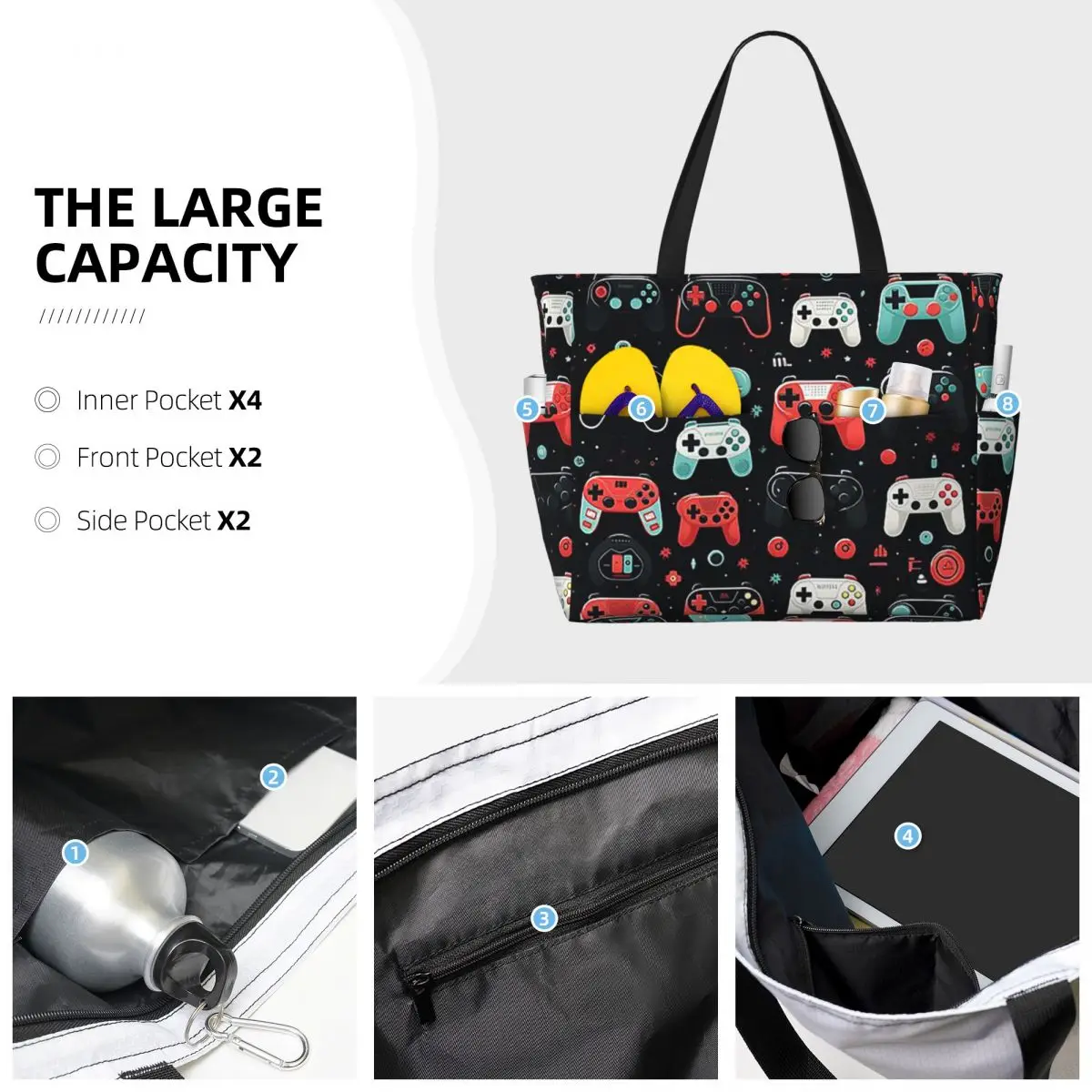 Gaming Pattern - Game Controllers Beach Tote Bag Sport Gym Yoga Duffle Large Tote Bag Women Travel Bag Fitness bag