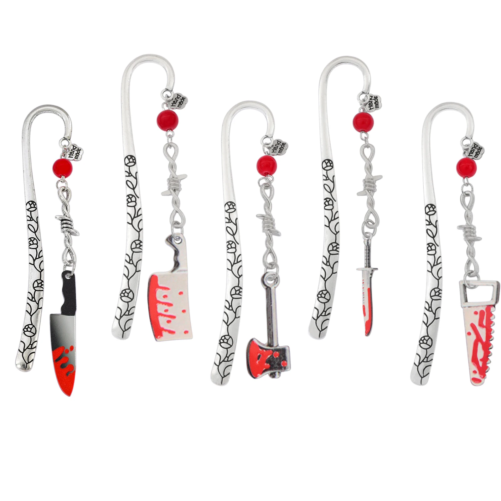 Marcadores de Libros de Terror con Colgantes de Cuchillo/Sierra de Carnicero/Hacha/Sierra, Accesorios de Lectura Espeluznantes para Amantes de los Thrillers, Regalos de Halloween