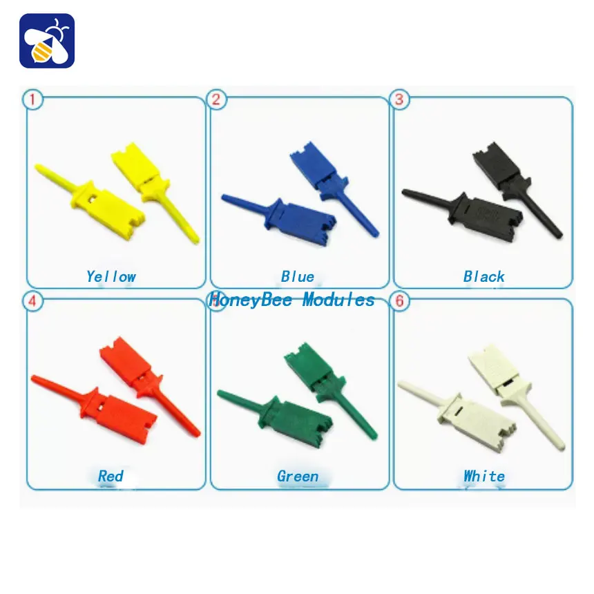 Chip test hooks Flat test hooks Logic analyzer clips Hookable chip pins with side pins Red, yellow, blue, green, black and white