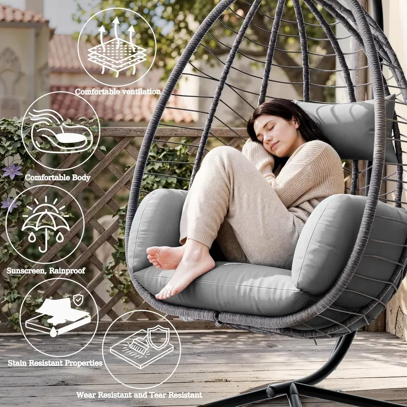 Foldable Egg Chair with Stand 485LBS Capacity Wicker Rattan Hammock Swing Chair for Outdoor Indoor Hanging Chair with Strong