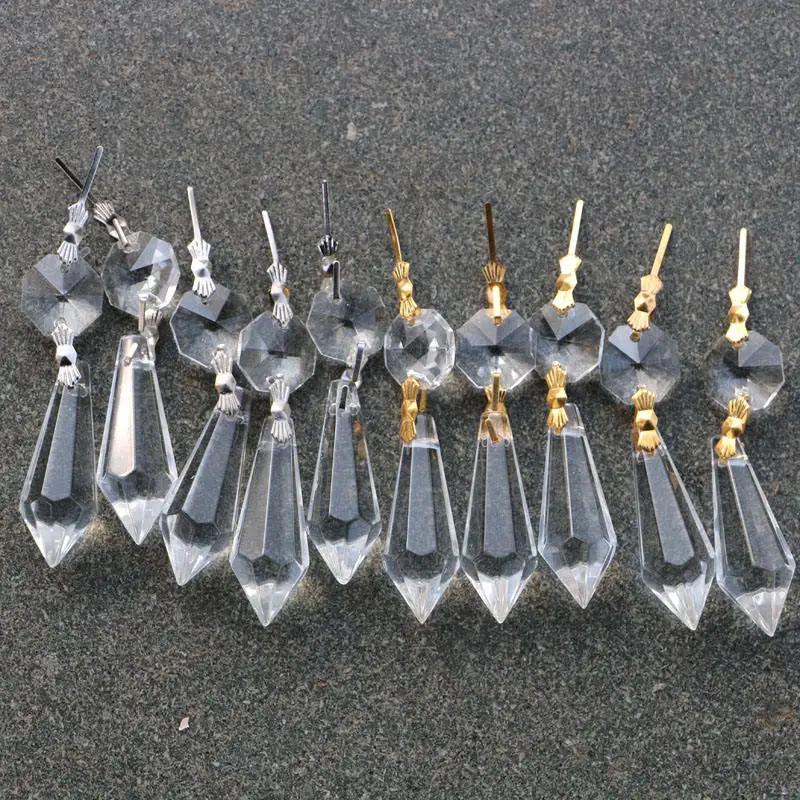 25pcs Clear Chandelier Crystals Lamp Prisms Parts Hanging Drops Pendants with Gold/Silver Connector