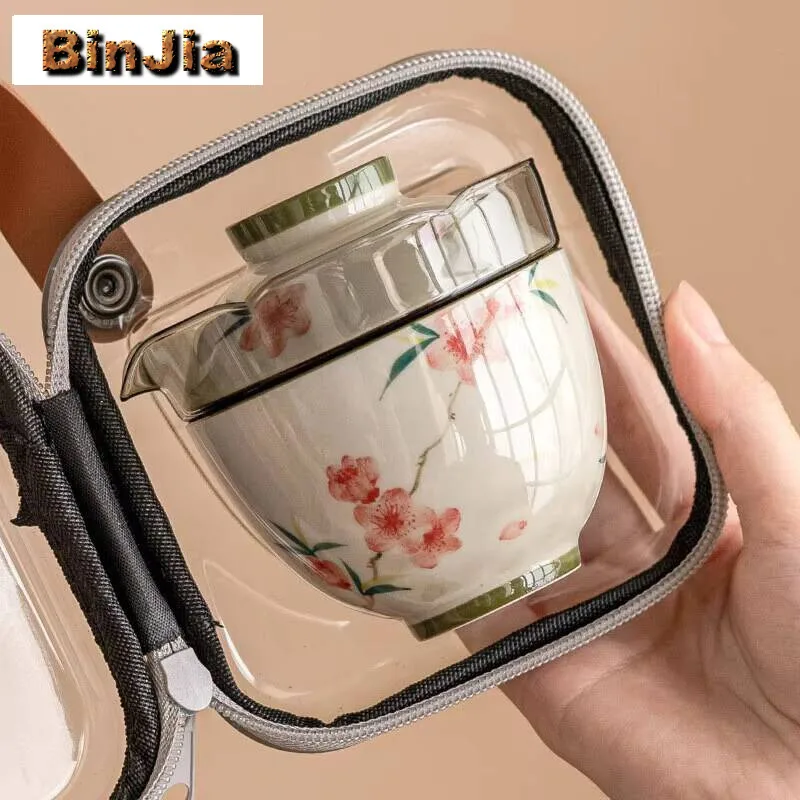 Hand Painted Peach Blossom Ceramic Travel Tea Set Portable Single Person Outdoor Making Equipment Express Cup Teaware Kit