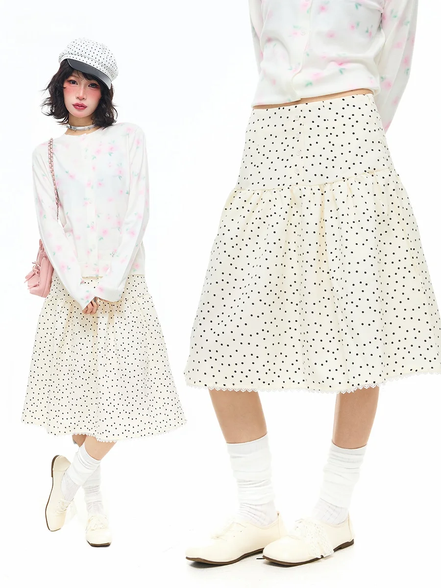 

Женская юбка Sanowers в корейском стиле с высокой талией, А-силуэта, миди, с кружевной отделкой, в горошек, утягивающая, модная, средней длины