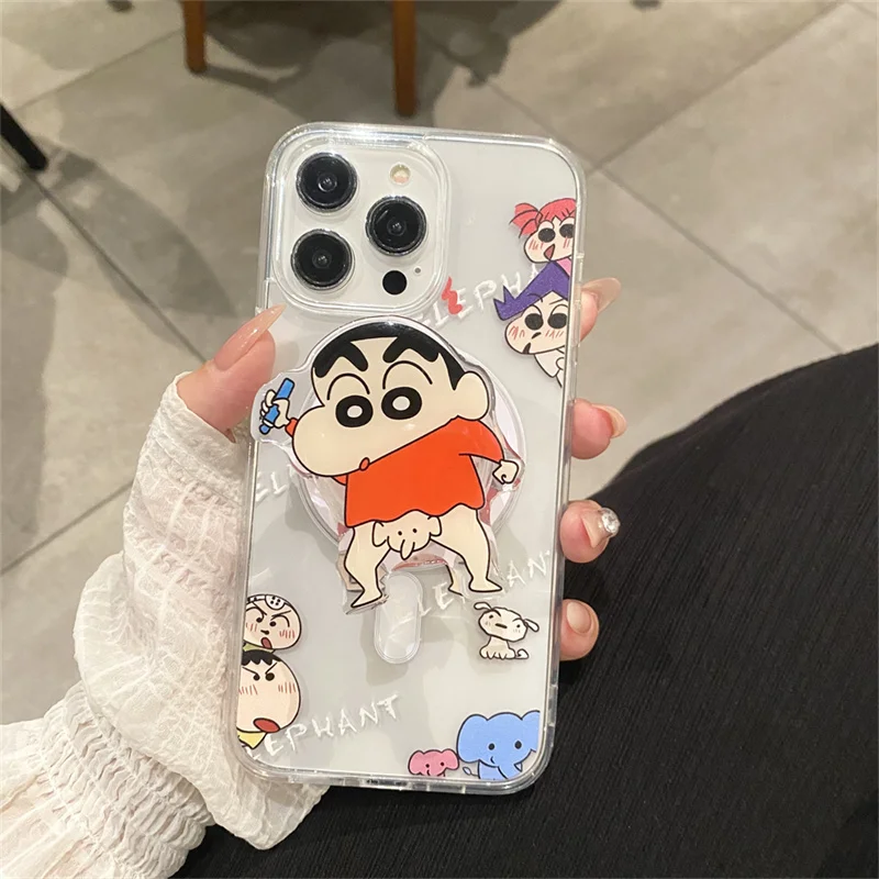Casing Pengisi Daya Nirkabel Magsafe Kartun Crayon Shin-chan Lucu Anime 3D untuk iPhone 17 16 15 14 13 12 Pro Max Tempat Magnetik Lucu