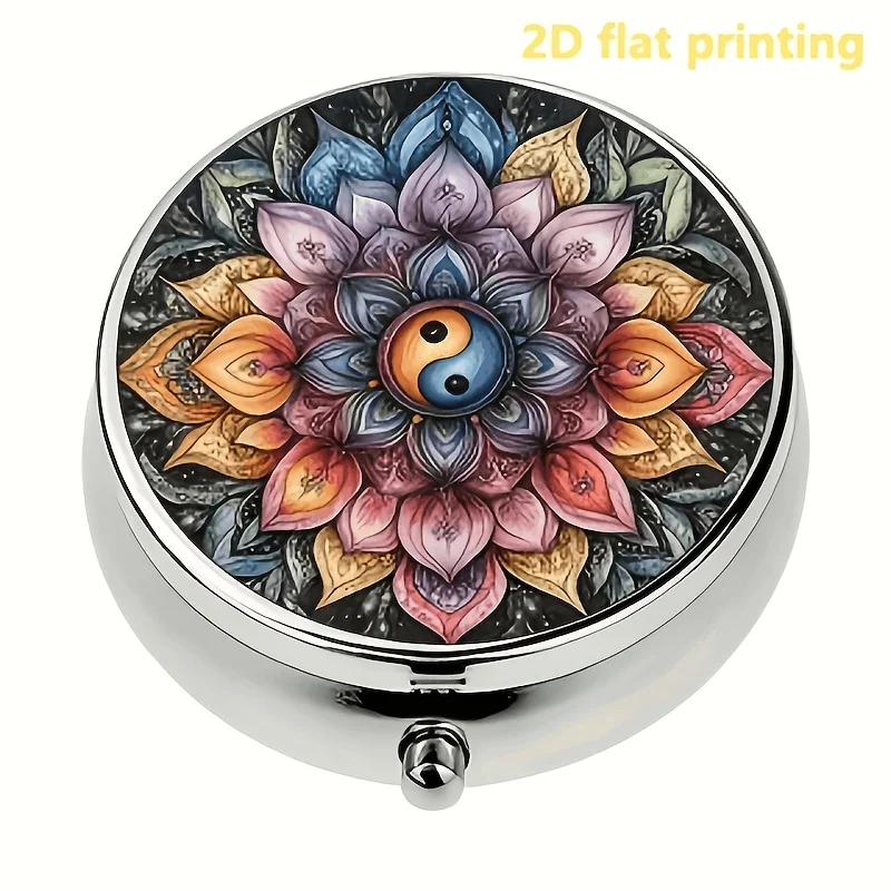 Single-piece, flat, round three-compartment box, decorated with a mandala circular pattern, designed specifically for storing capsules, full of creativity, can be used as a unique and practical accessory for girls, made of metal