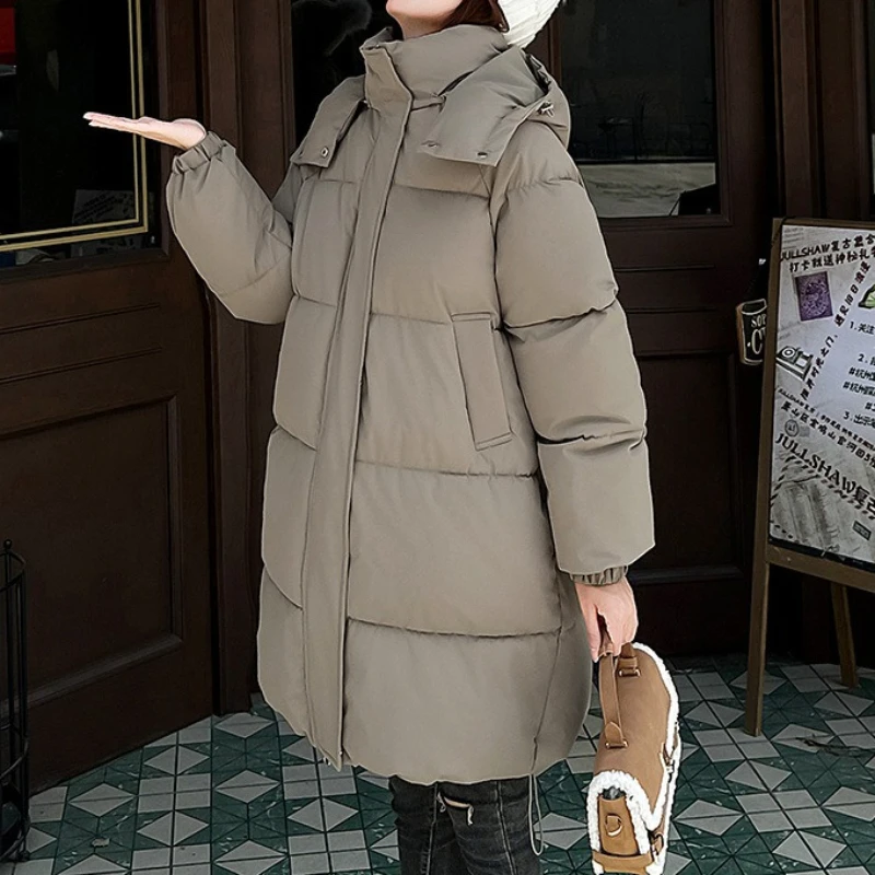 Maxi Long Over Knee Hooded Zip Up Loose Fit Solid Color Padded Cotton Coat  Everyday Casual Classic Trendy Chic Winter Outerwear