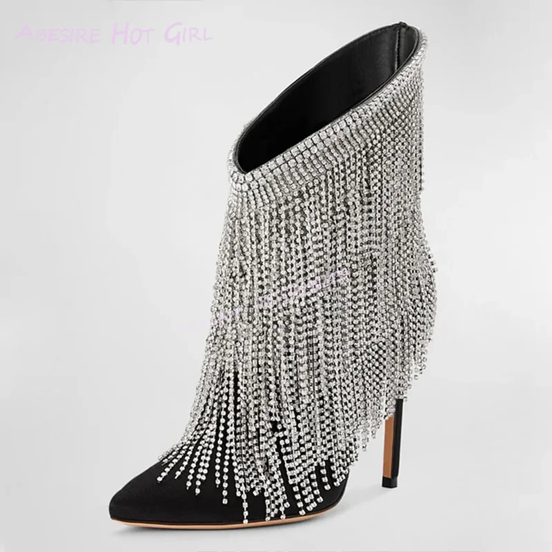 Crystal Tassel Curtain Booties Women Silver Diamond Black Suede Pointed Heel Elegant Dress Booties Jeweled Strap Shoes Springs