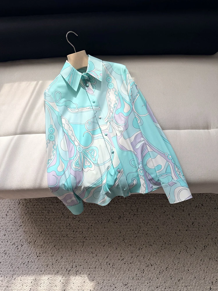 Spring Fashion Daily Geometric Pattern Print Casual Blouses Women's Turn-down Collar Long Sleeve Single Breasted Loose Shirt