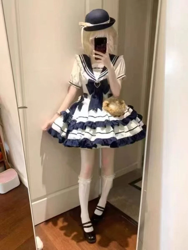 Sweet Cute Girl Navy Collar Short Sleeve Set Japanese Kawaii Lolita Style Lace Bow Dress Sets Sailor Collar Princess Party Dress image 4