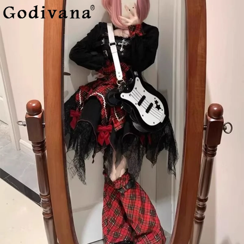 

Black Red Sweet Tube Top and Skirt Set Women Lolita Stage Cosplay Costume Outfit Female Japanese Style Goth Skirt Suits