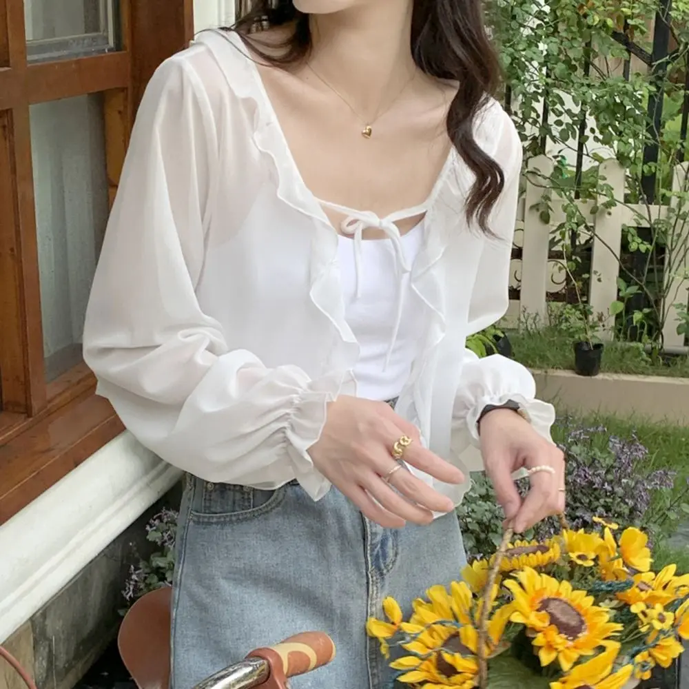 

For Women Wrapped Ruffle Long Sleeves Summer Chiffon Poncho Short Top Coat Sunscreen Shawl Lace Cardigan Korean Style Shawl