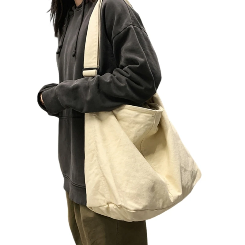 Canvas Shoulder Bag with Adjusted Strap for Women Mens Zippered Large Capacity Solid Color Crossbody Bag for School